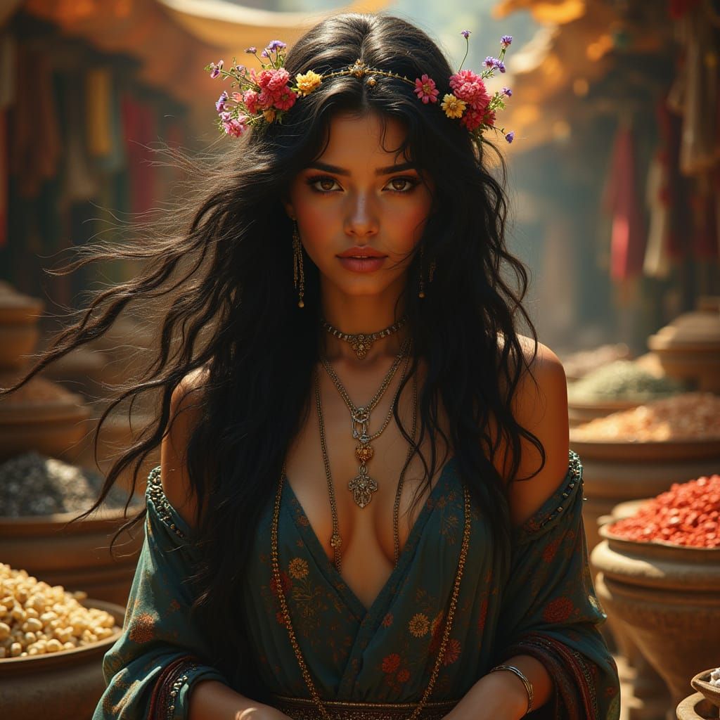 Gypsy Woman in Marketplace, Pre-Raphaelite Style