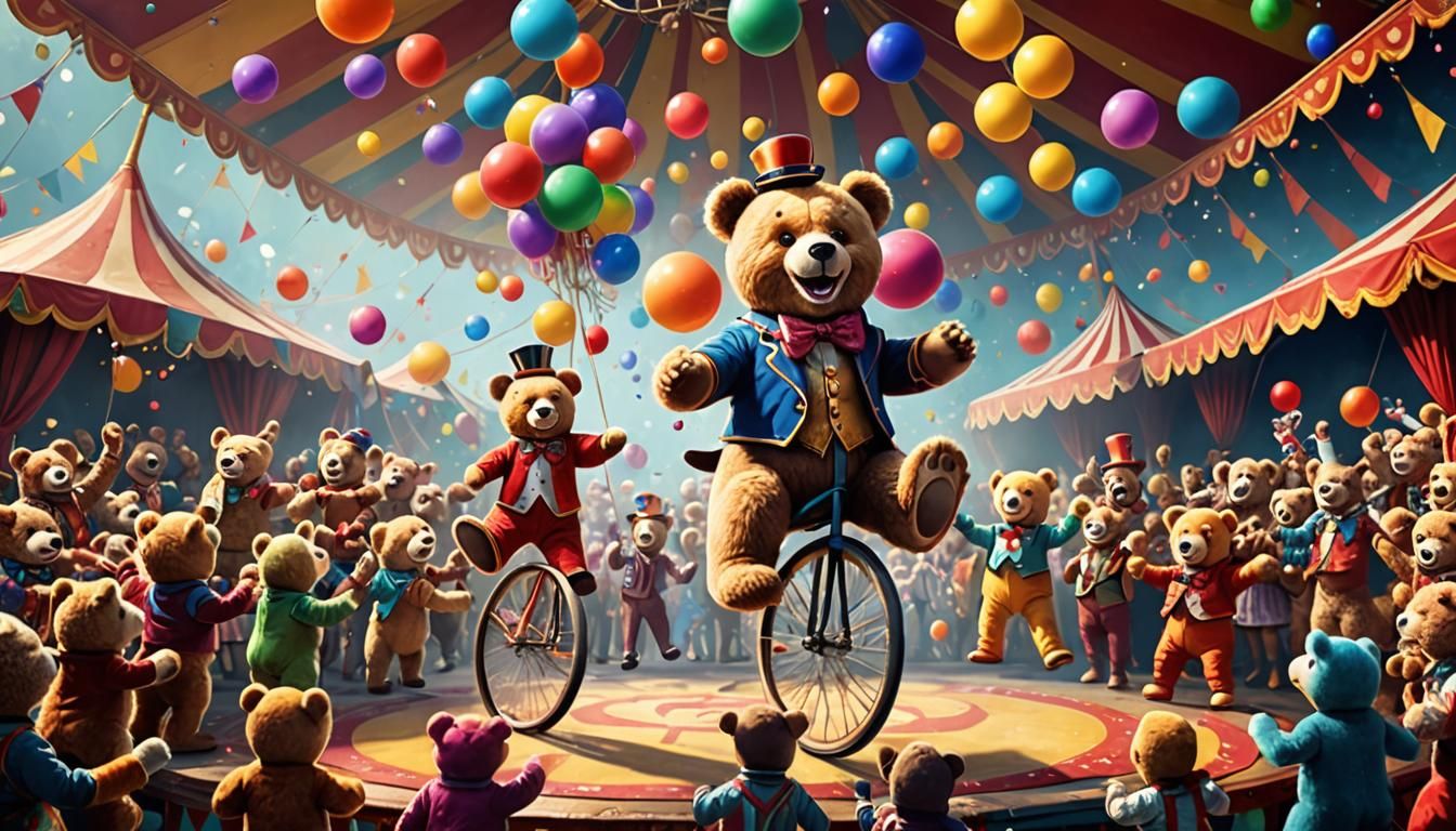 Teddy Bears in a Bright Circus Tent, Detailed Matte Painting