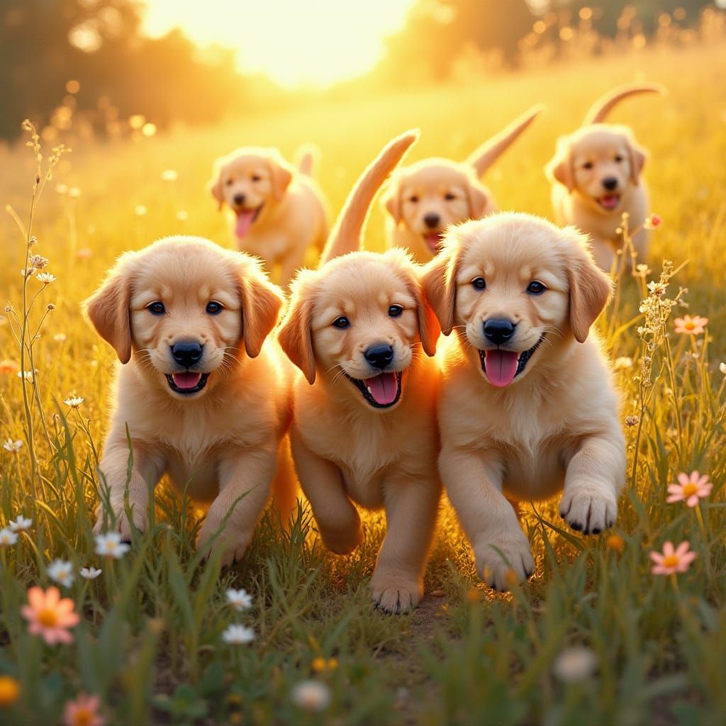 Golden Retriever Puppies Play in Wildflower Field at Golden ...