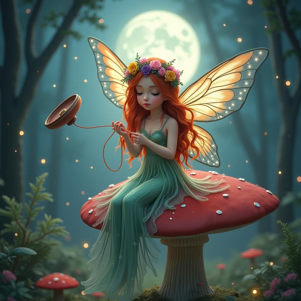 Fantasy Fairy on Mushroom with Yo-yo