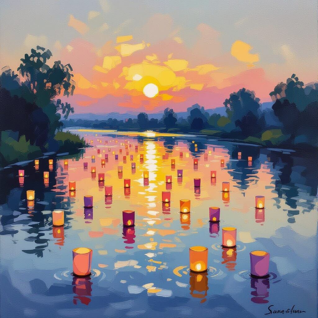 Impressionist River with Floating Lanterns at Dusk
