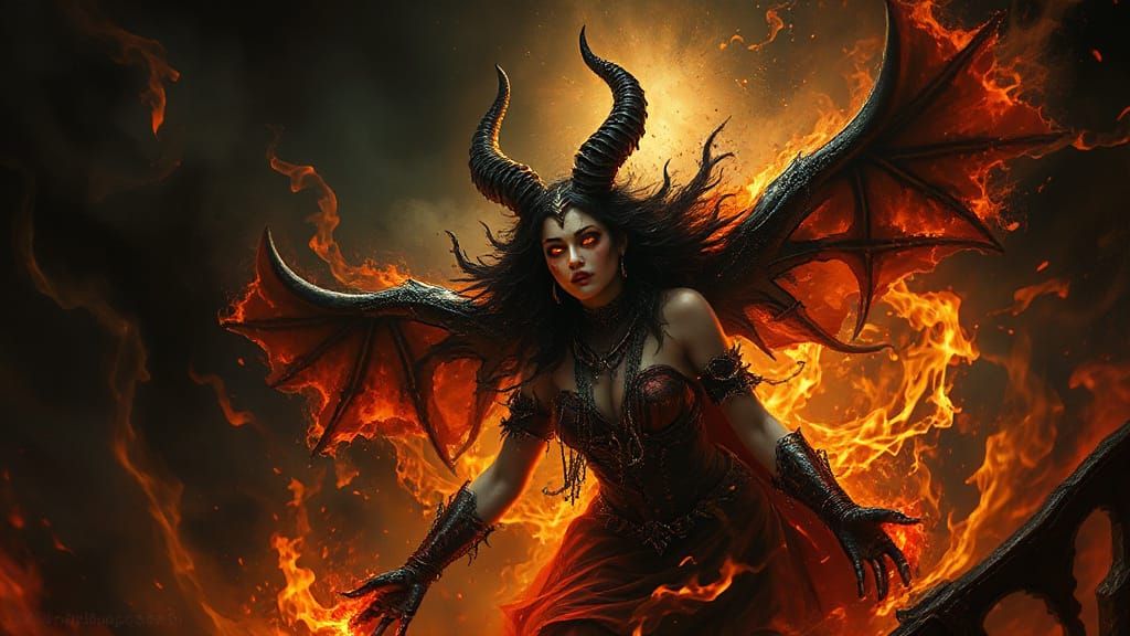 Ethereal Goddess of Hell in Fiery Ambiance