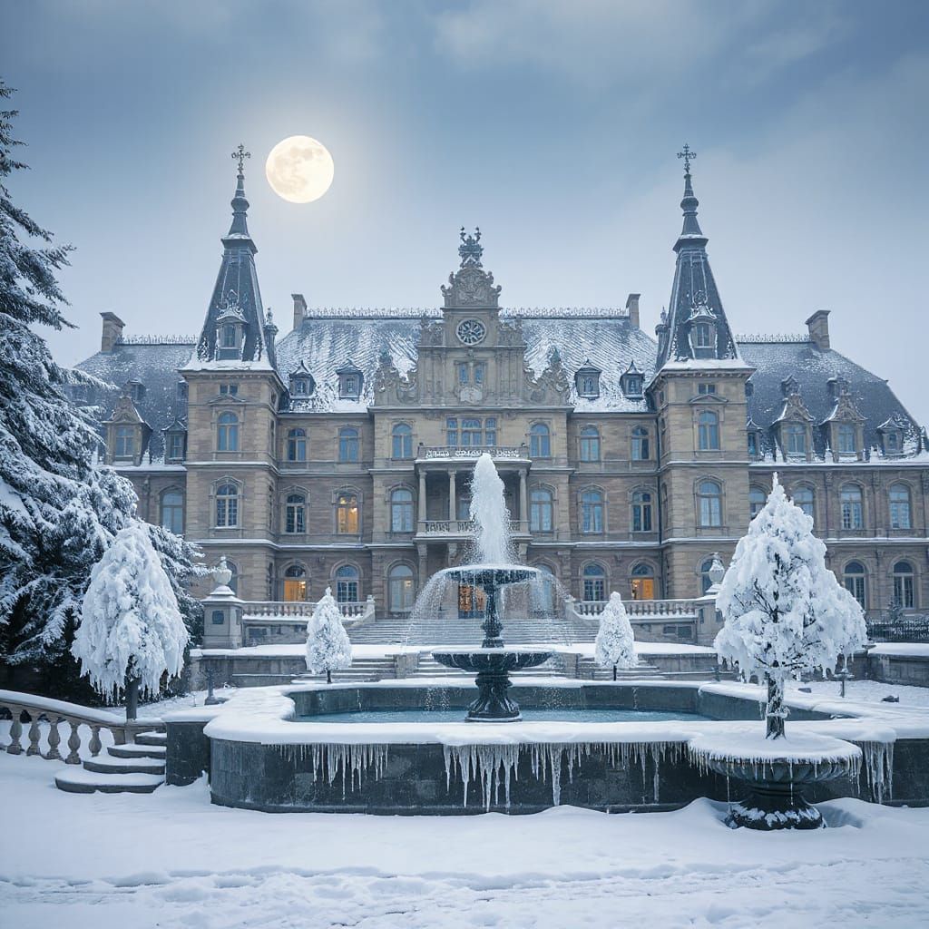 Winter's Grandeur: A European Palace in Snow