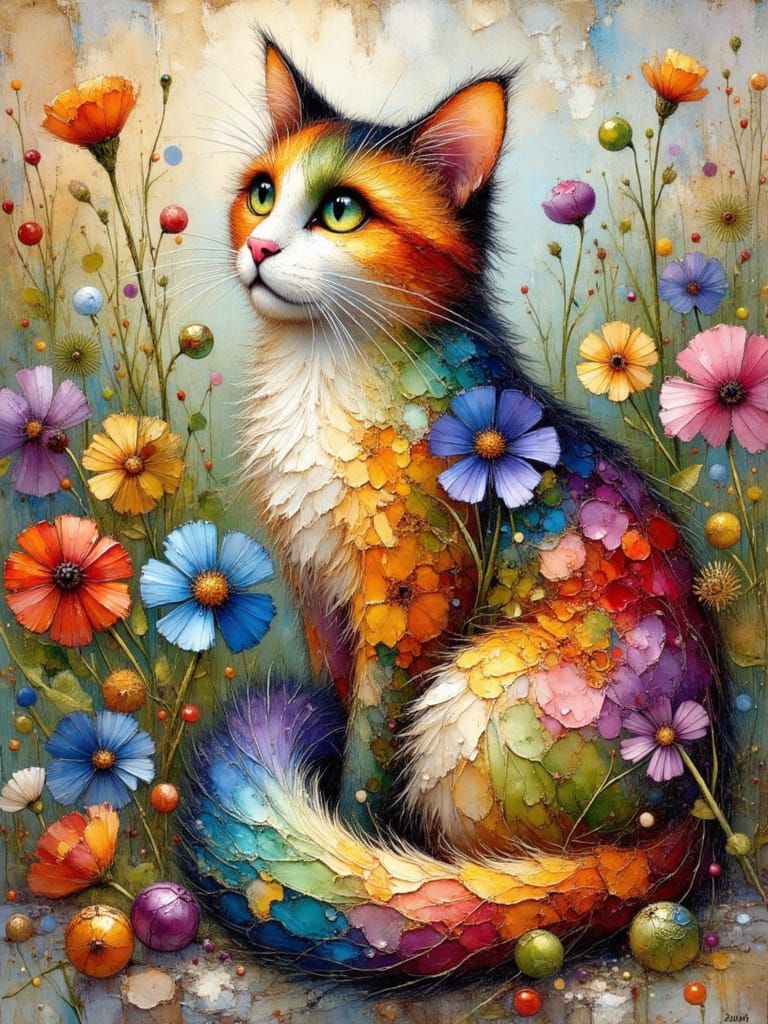 Elegant Cat in Colorful Garden with Textures