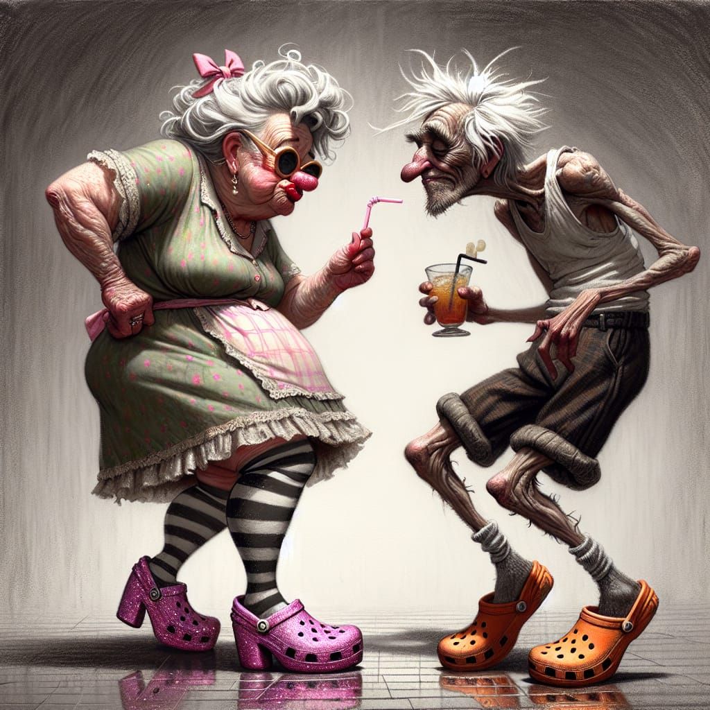 Whimsical Couple Dancing in Cartoonish Charcoal Sketch