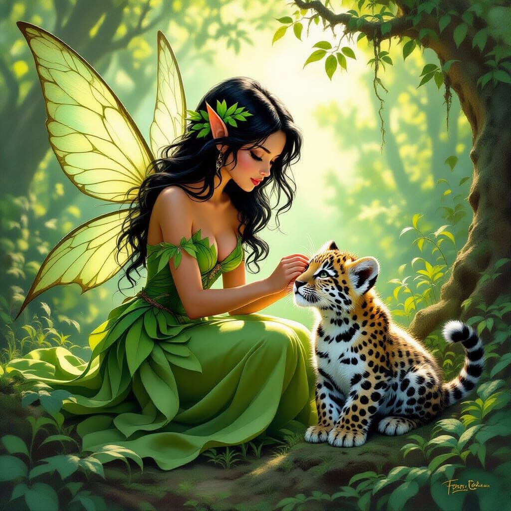 Fairy and Leopard Cub in Fantasy Art Style