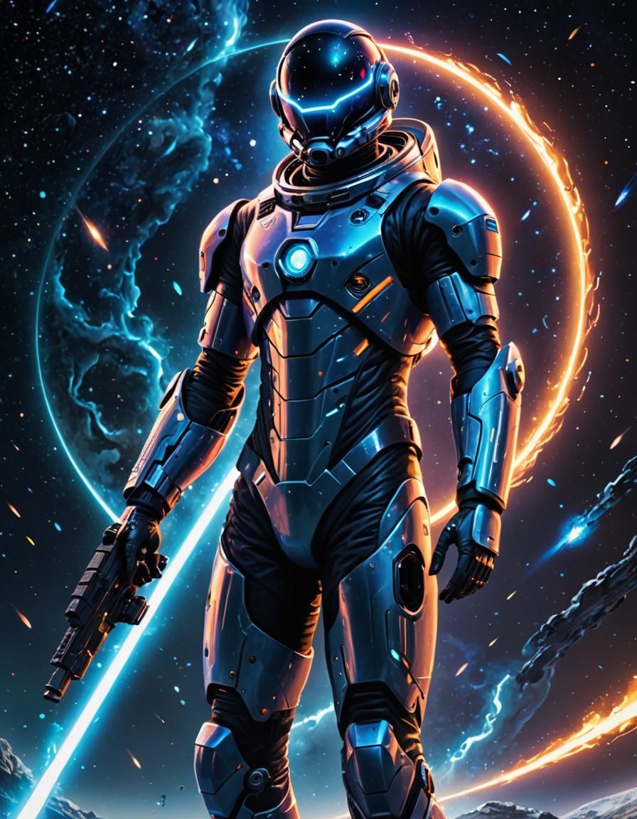 Sci-Fi Character with Holographic Rings in Space