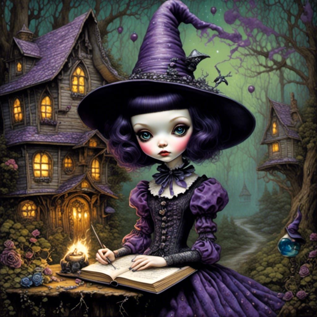 Whimsical Witch Girl in Cottage, Graffiti Art Style