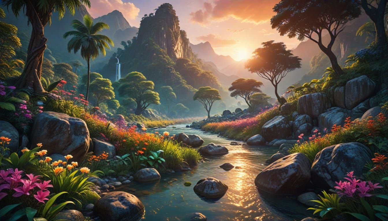 Surreal Jungle River at Sunset