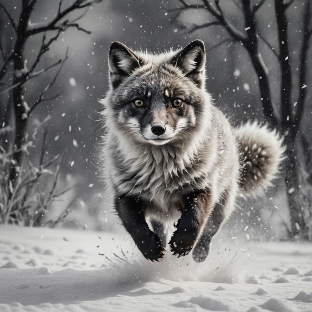Arctic Fox Leaping in Snow: Charcoal Drawing