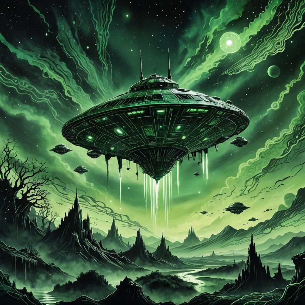 Eerie Spaceship Above Desolate Planet in Ink Wash Style