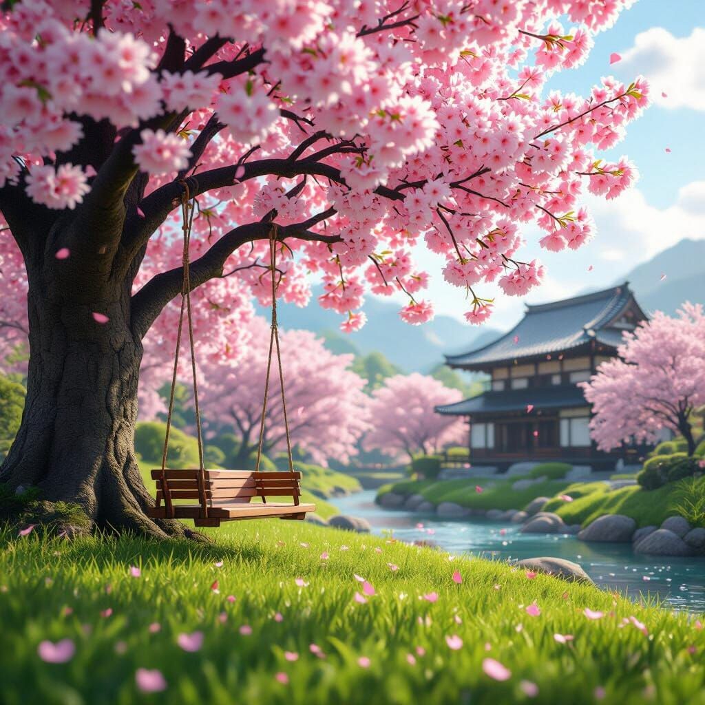 Serene Japanese Spring Scene with Cherry Blossoms