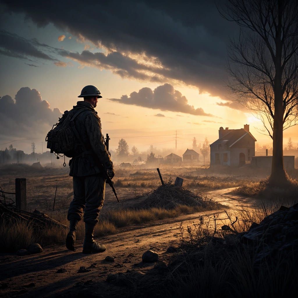 War-Torn Soldier in Twilight Shadows