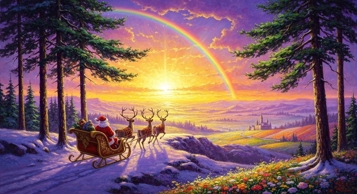 Santa's Sleigh in a Golden Sunset Winter Landscape