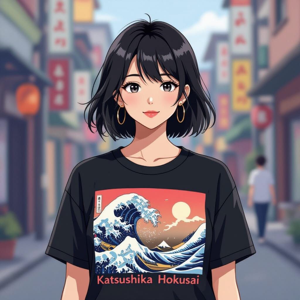 Woman with Hokusai Wave T-Shirt in Anime Style