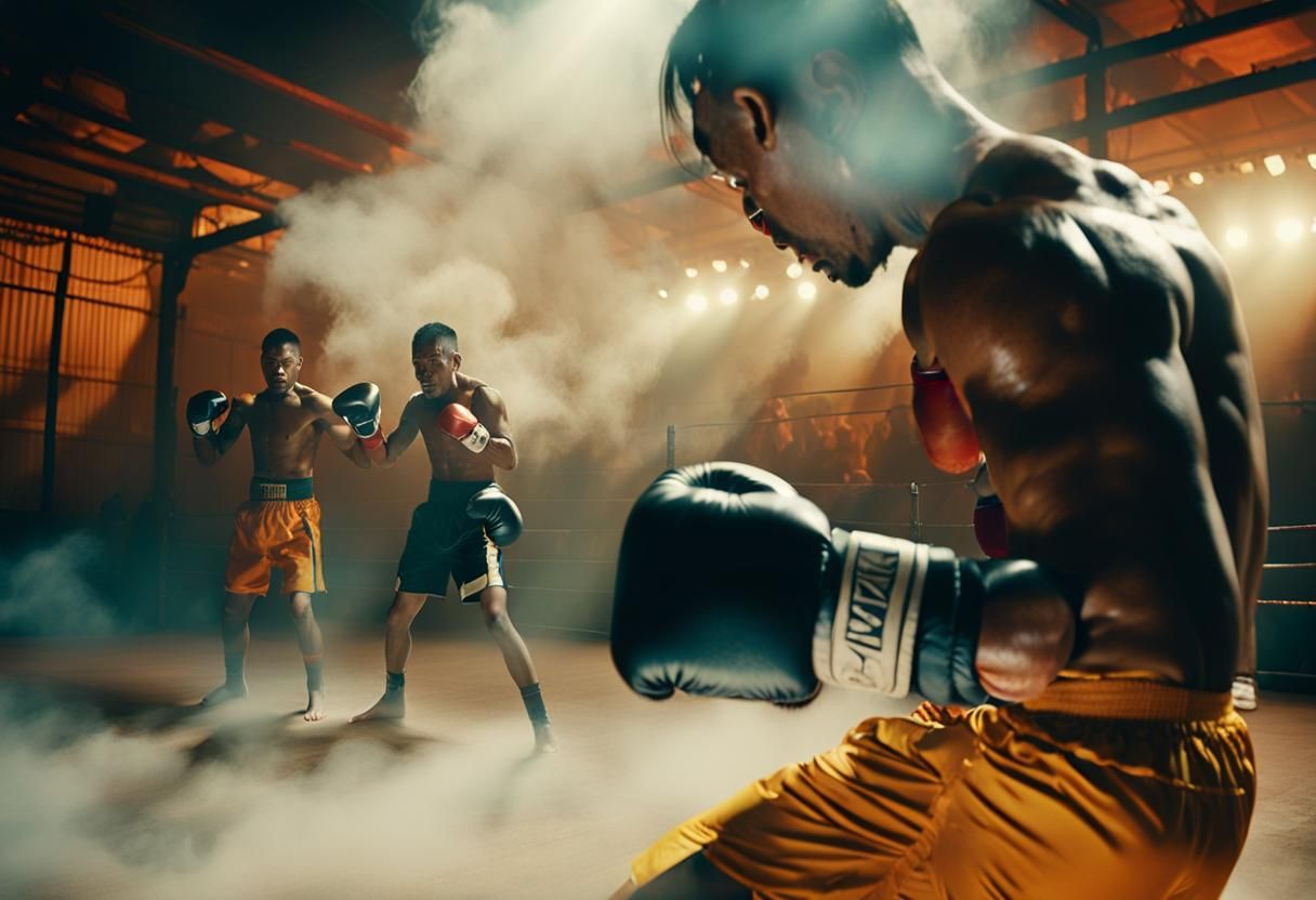 Cinematic Thai Boxers in Smoke-Filled Arena