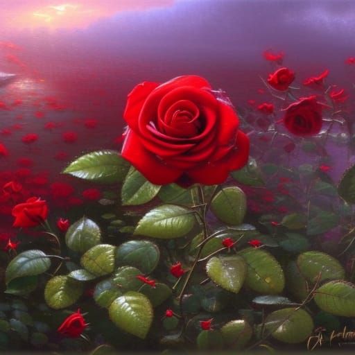 Red Rose with Dew Drops in Ethereal Light