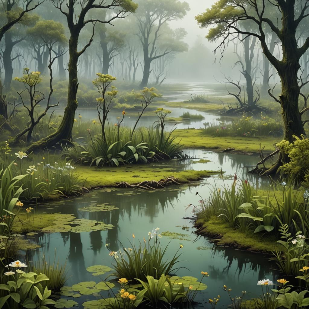 Ethereal Green Swamp with Wildflowers and Mist