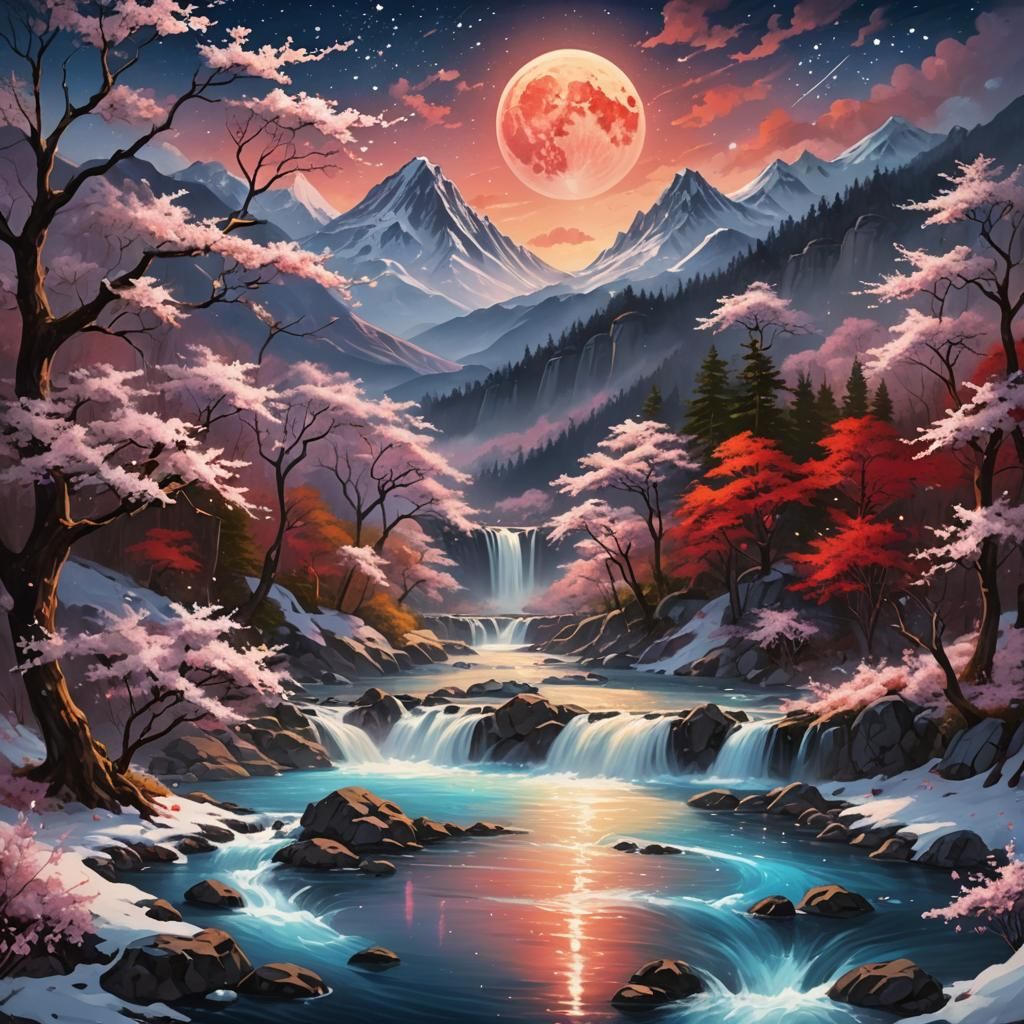 Mystical River Under Red Moon: Fantasy Concept Art