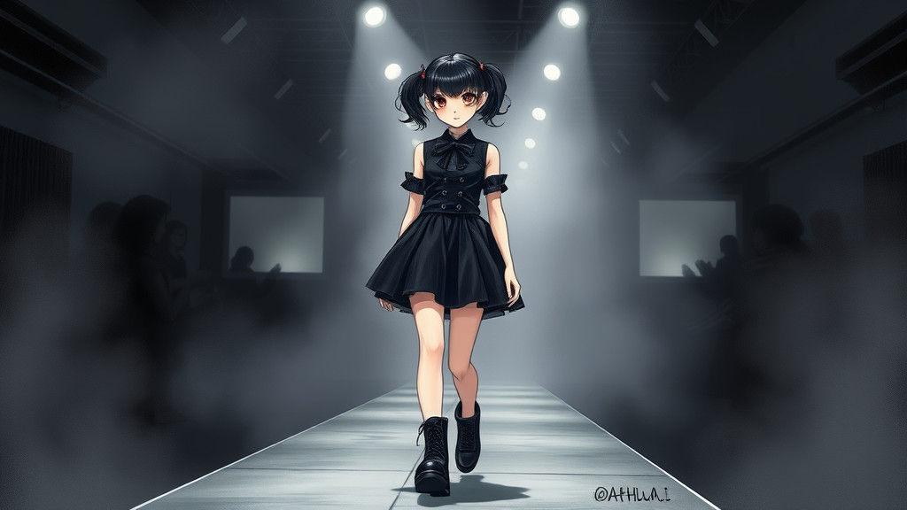 Gothic Japanese Schoolgirl on Catwalk, Digital Art