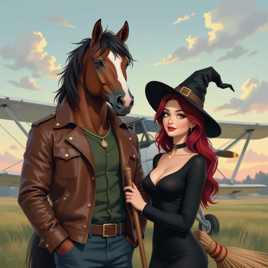 Centaur and Witch by Biplane, Impressionist Gouache Painting
