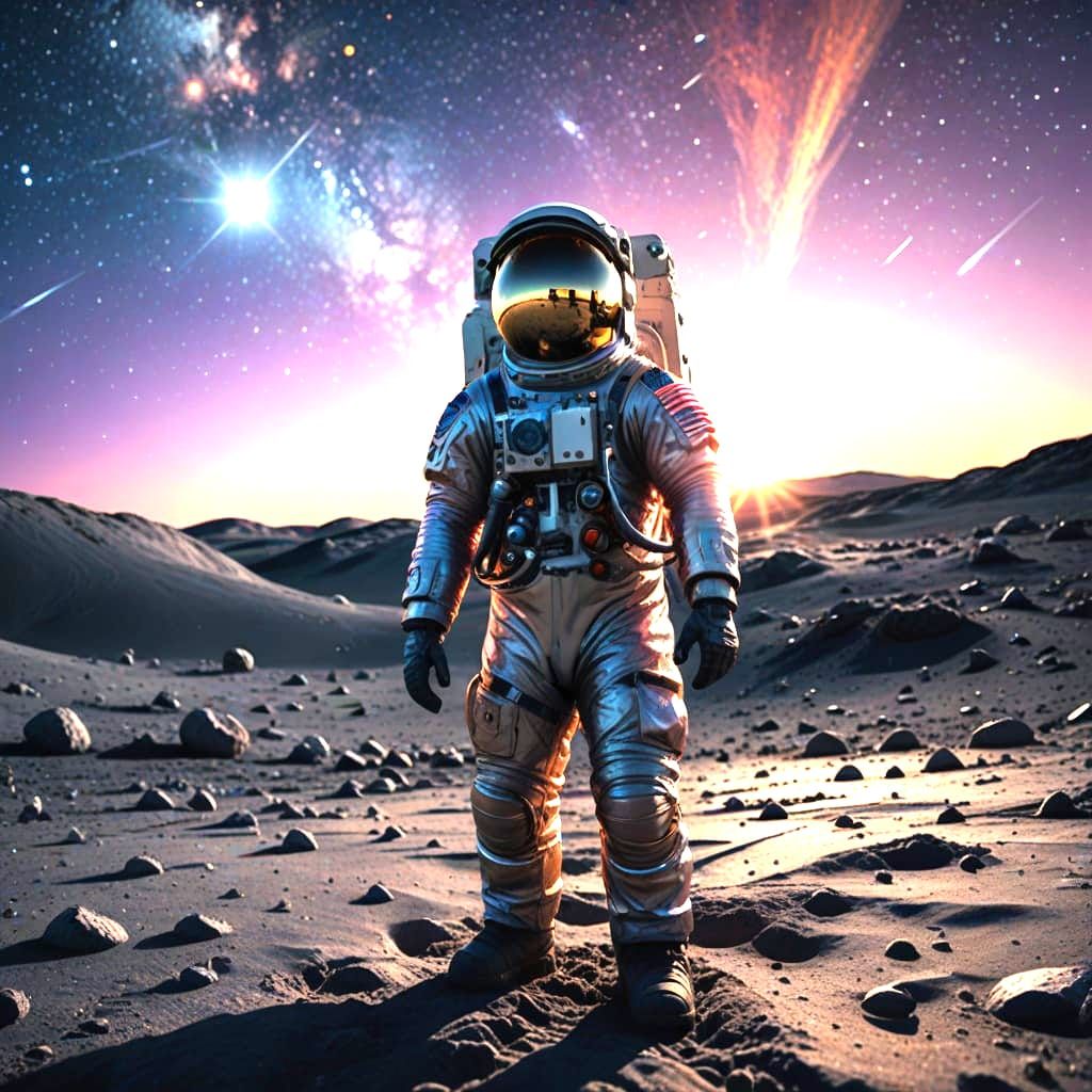 Astronaut Stands Before the American Flag on the Moon's Surf...