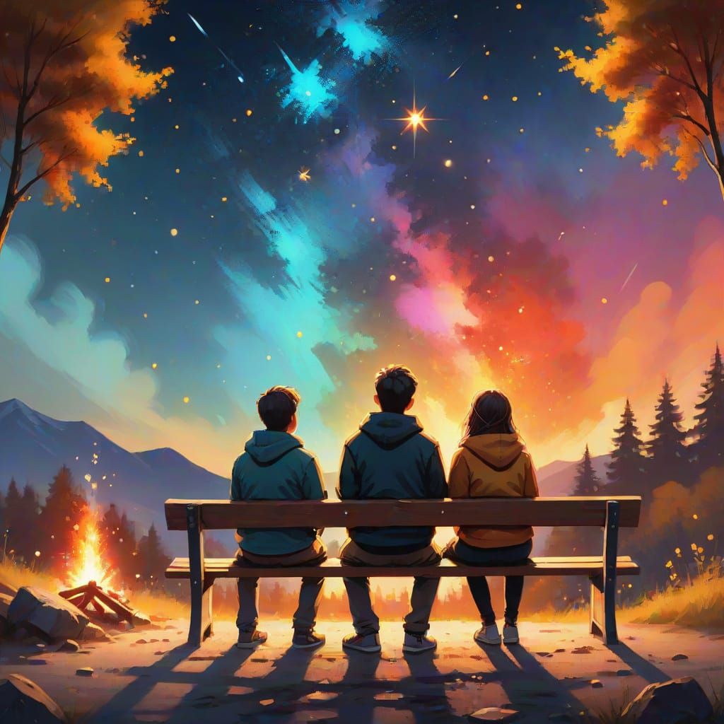 Friends Under Starry Sky: A Vibrant Oil Painting