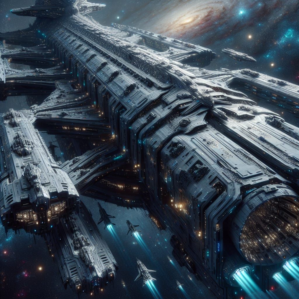 Futuristic Battleship Sails Through Cosmic Abyss