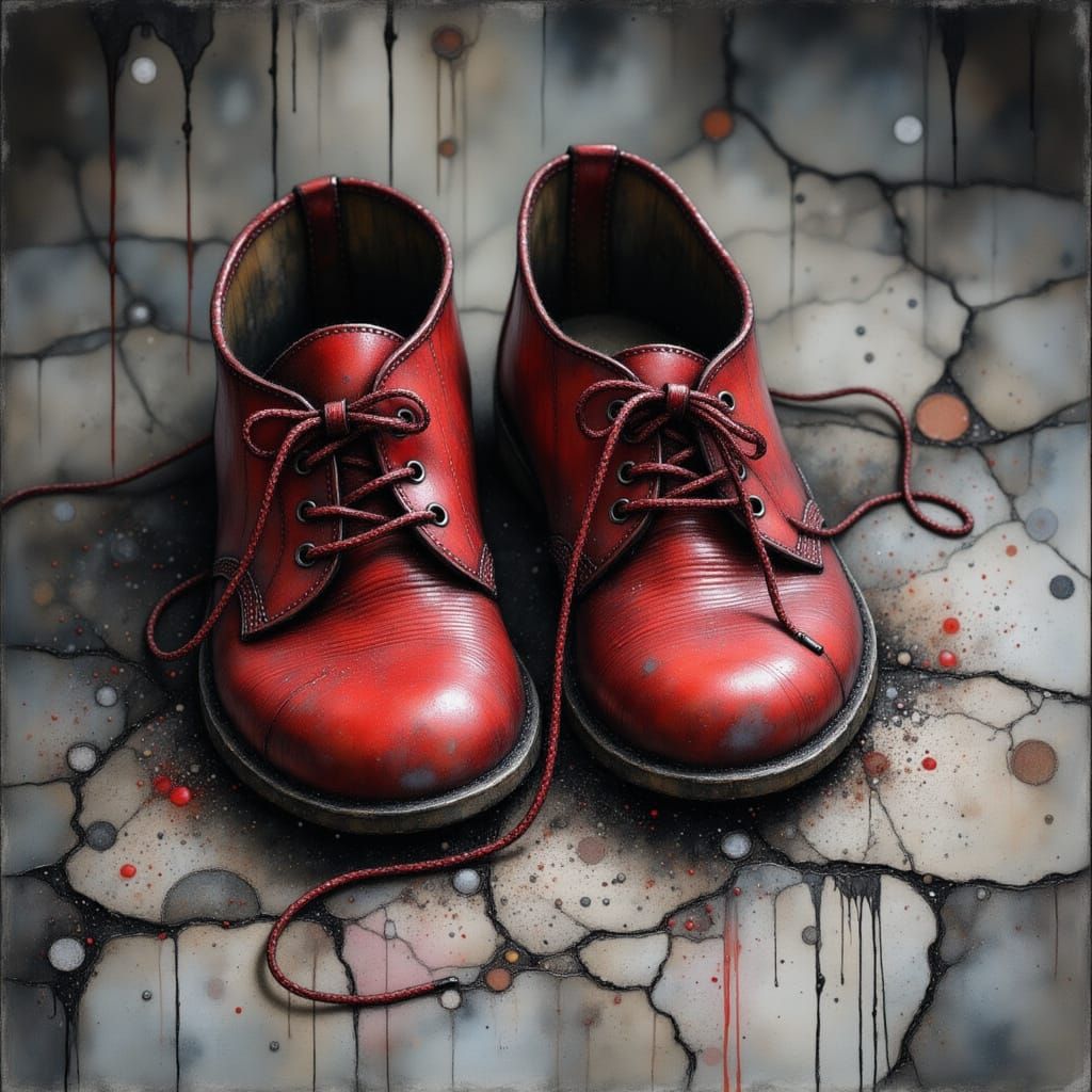 Abandoned Red Shoes on Stone Floor