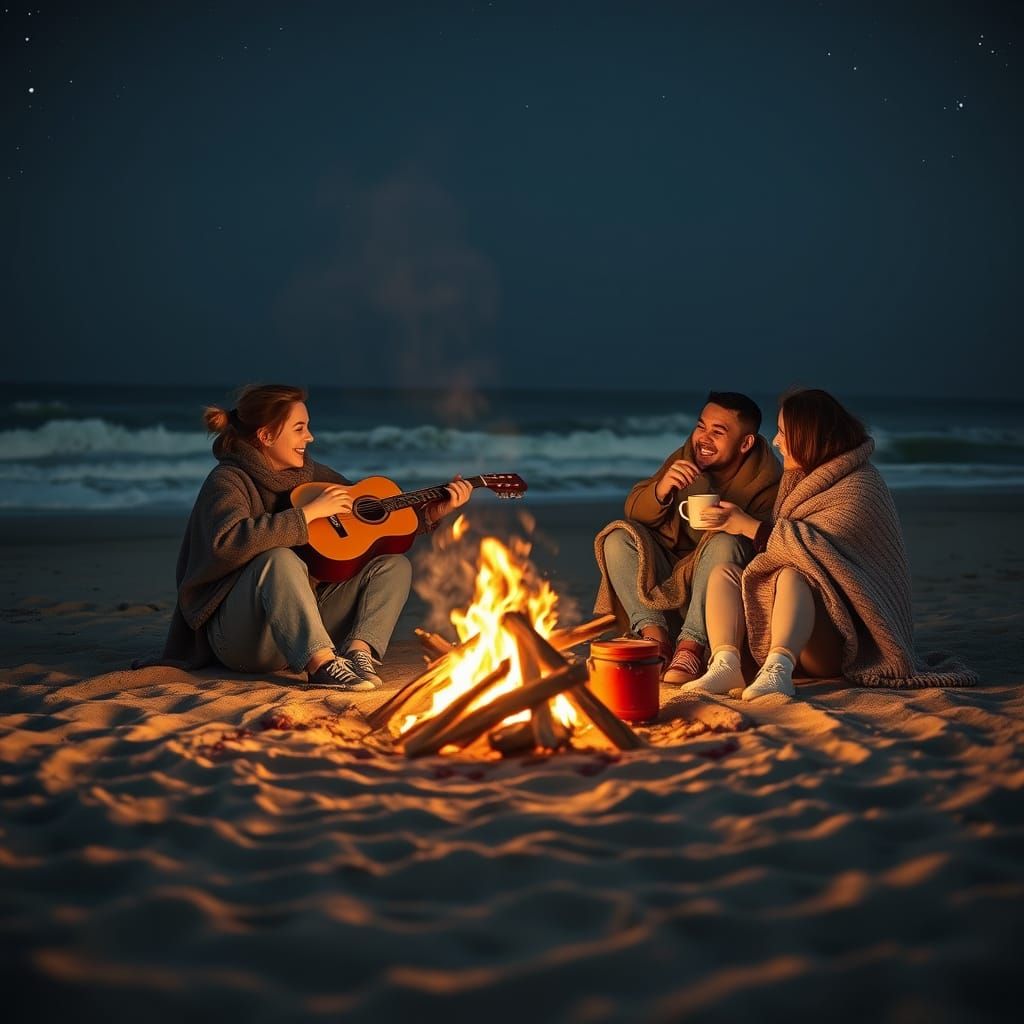 Friends Enjoying Bonfire on Beach at Night