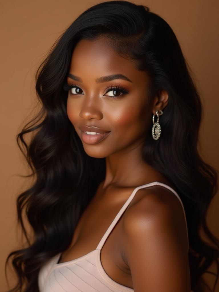 Attractive Black Woman Portrait with Wavy Hair