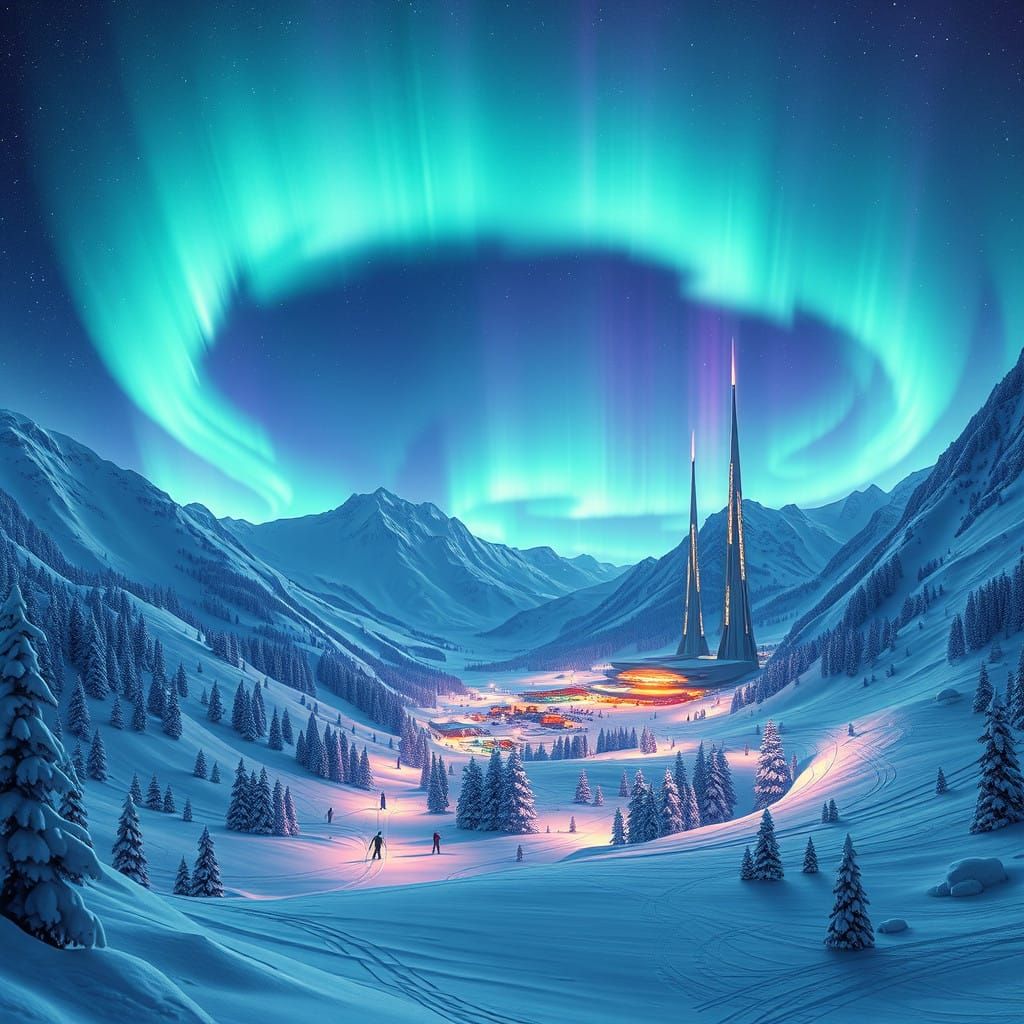 Futuristic Ski Resort Under Celestial Northern Lights