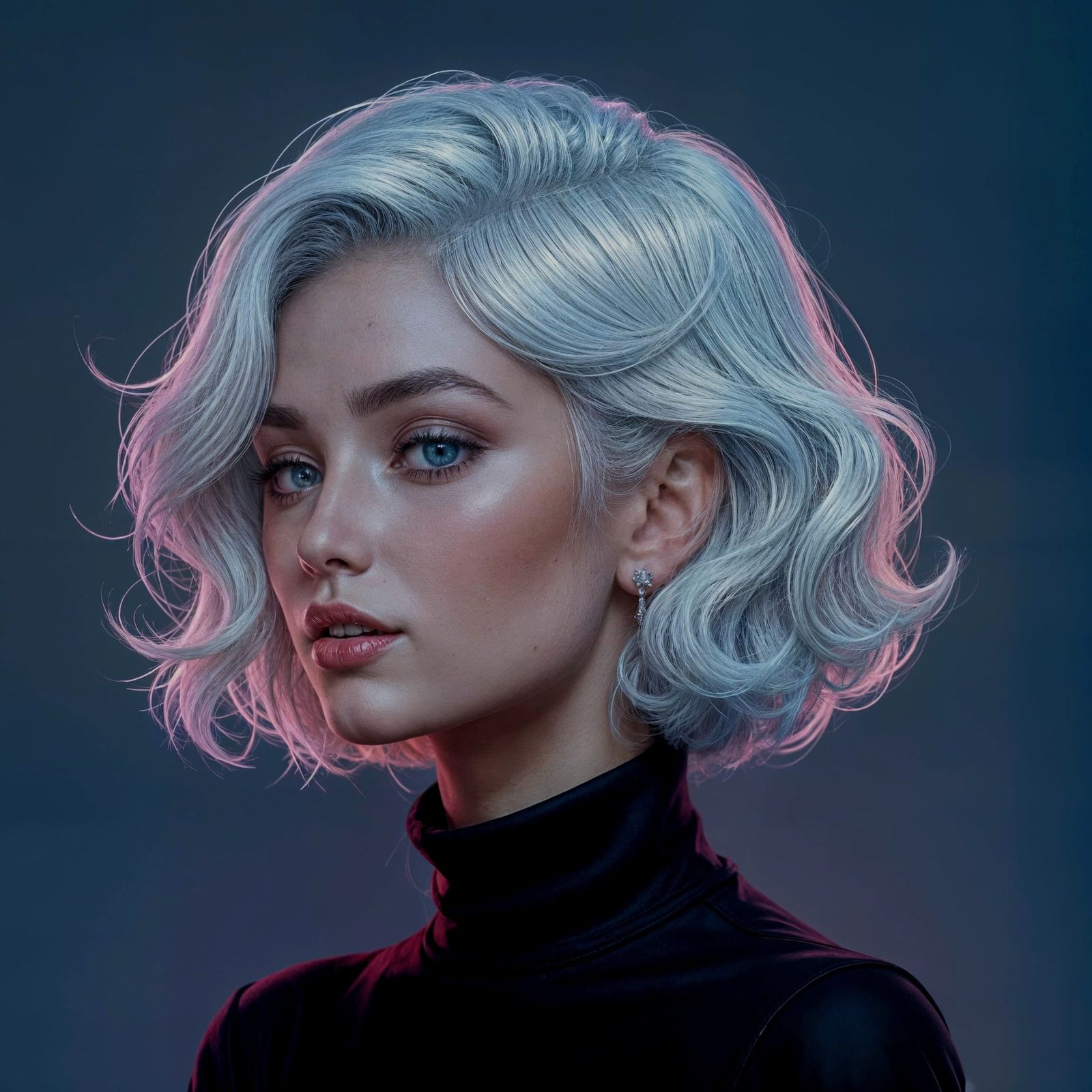 Geometric White Hair Portrait with Bioluminescent Accents