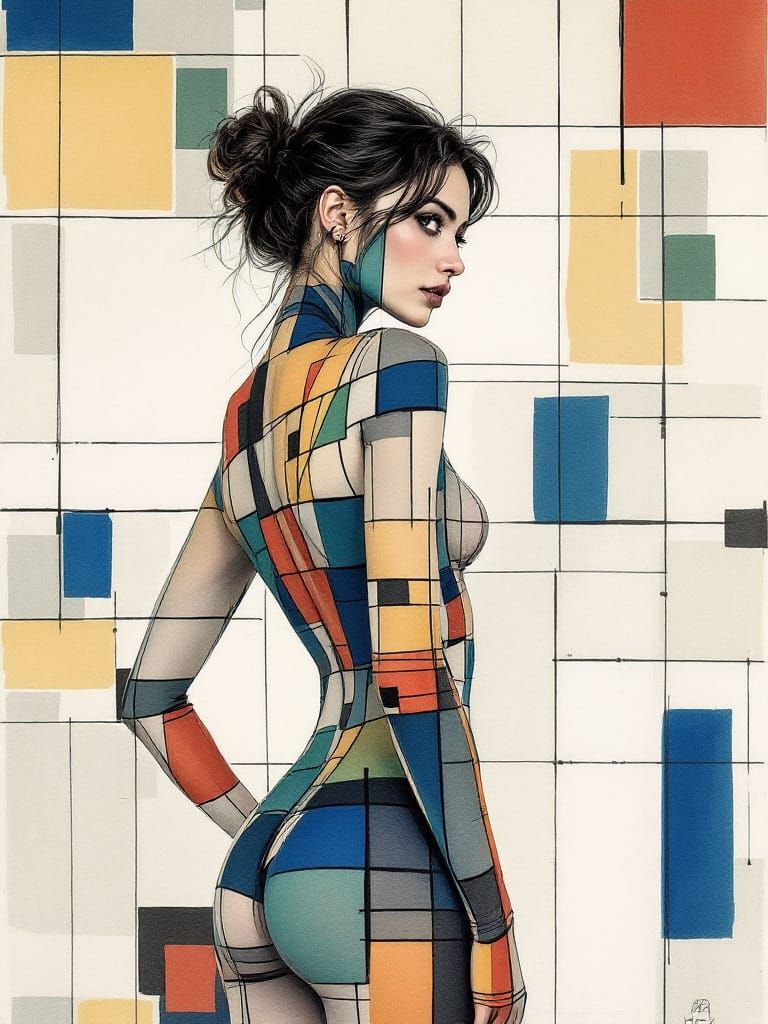 Geometric Woman Aligns with Patterned Wall