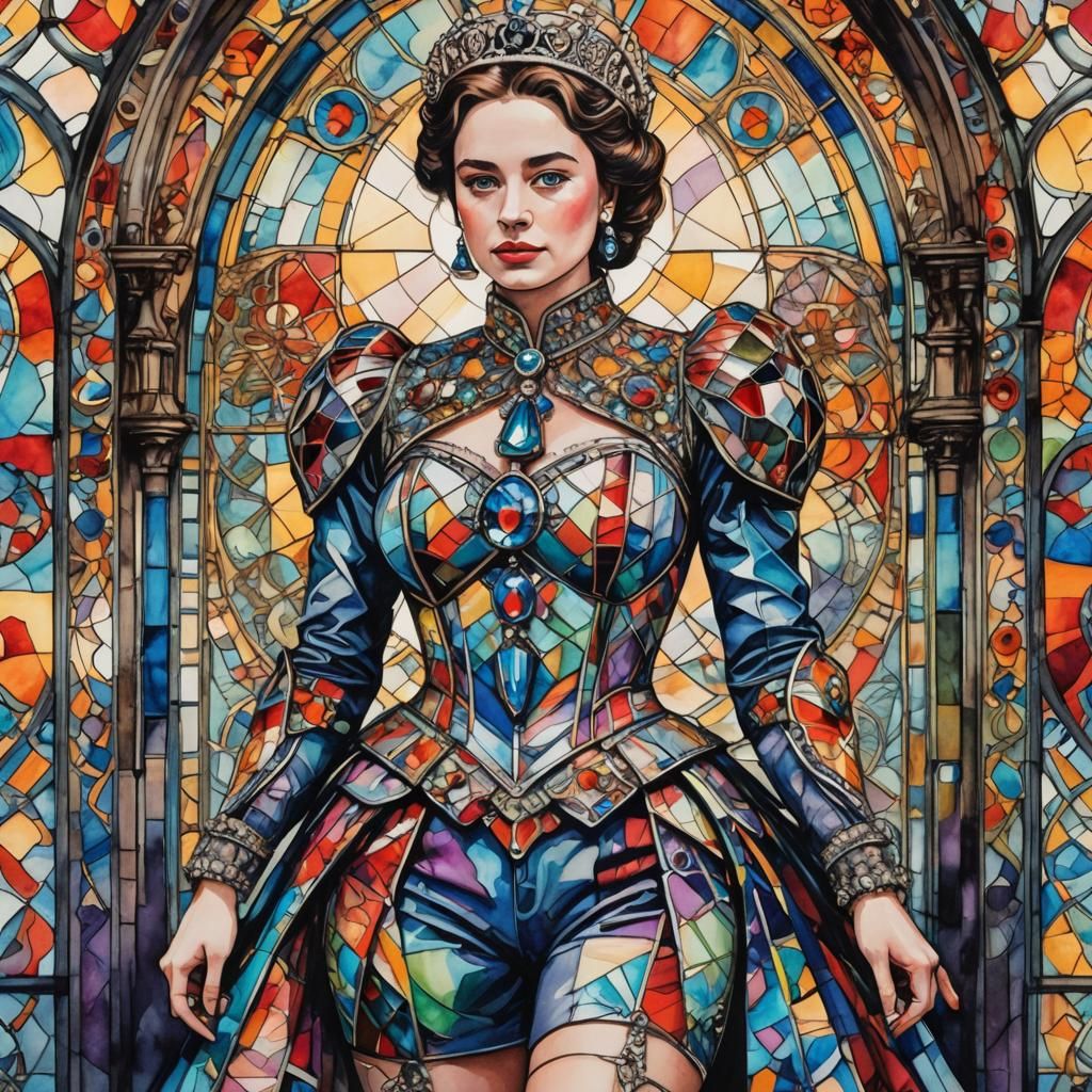 Queen Elizabeth II Portrait in Watercolor Graffiti Style