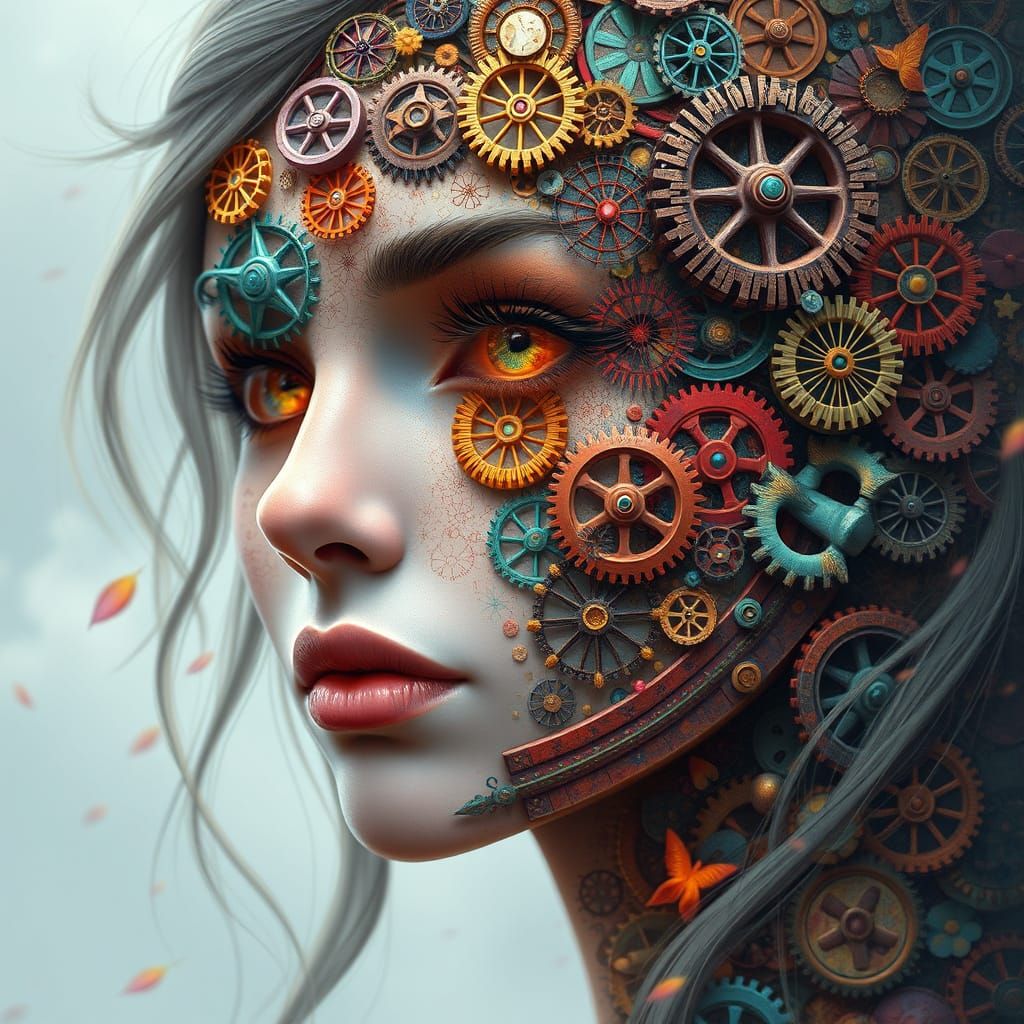 Ethereal Female Portrait with Gears in Artgerm Style
