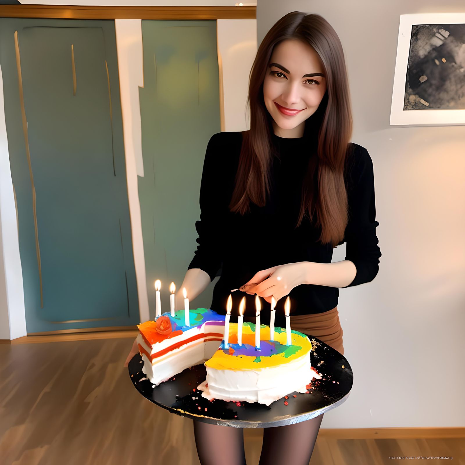 Brunette with Birthday Cake in Pop-Up Craft Style