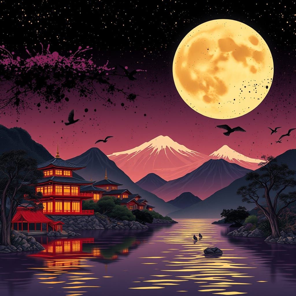 Vintage Japanese Landscape Under Full Moonlight