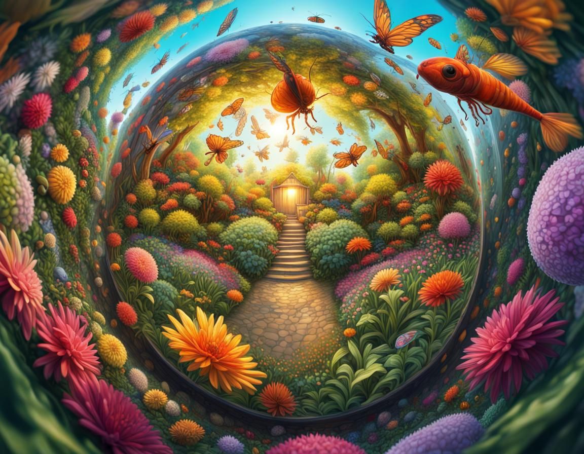 Hyperrealistic Insect-Eye View of a Colorful Garden