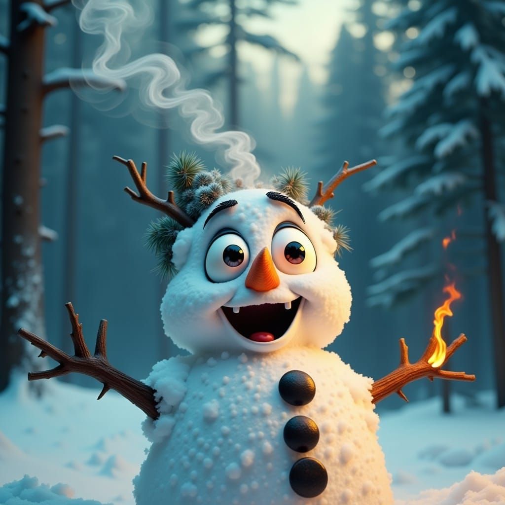 Surprised Snowman with Flaming Carrot Nose