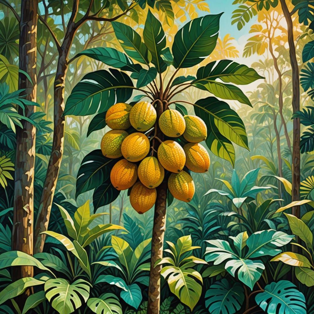 Majestic Bread Fruit Tree in Vibrant Tropical Garden