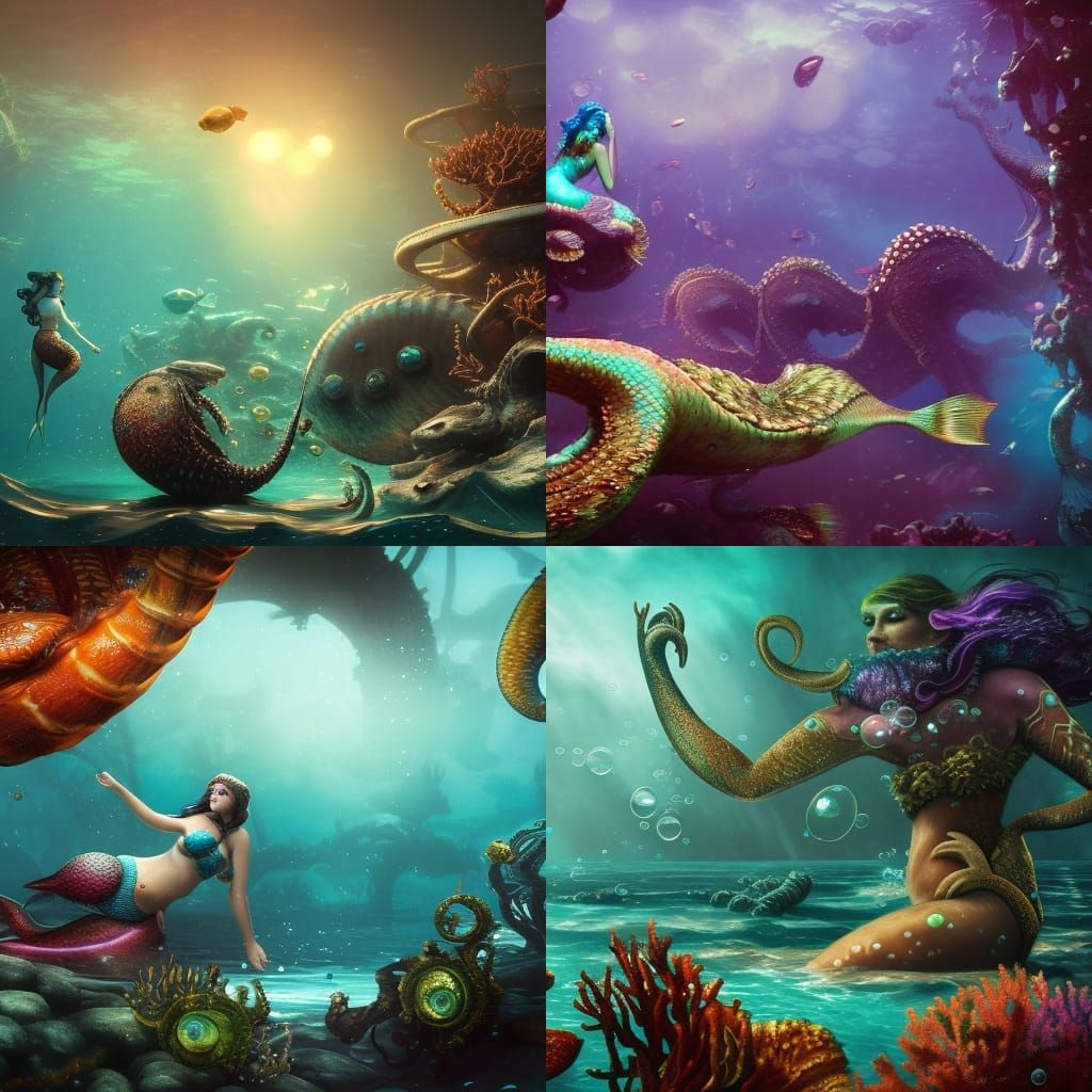 Underwater Fantasy Scene with Mermaids and Kraken