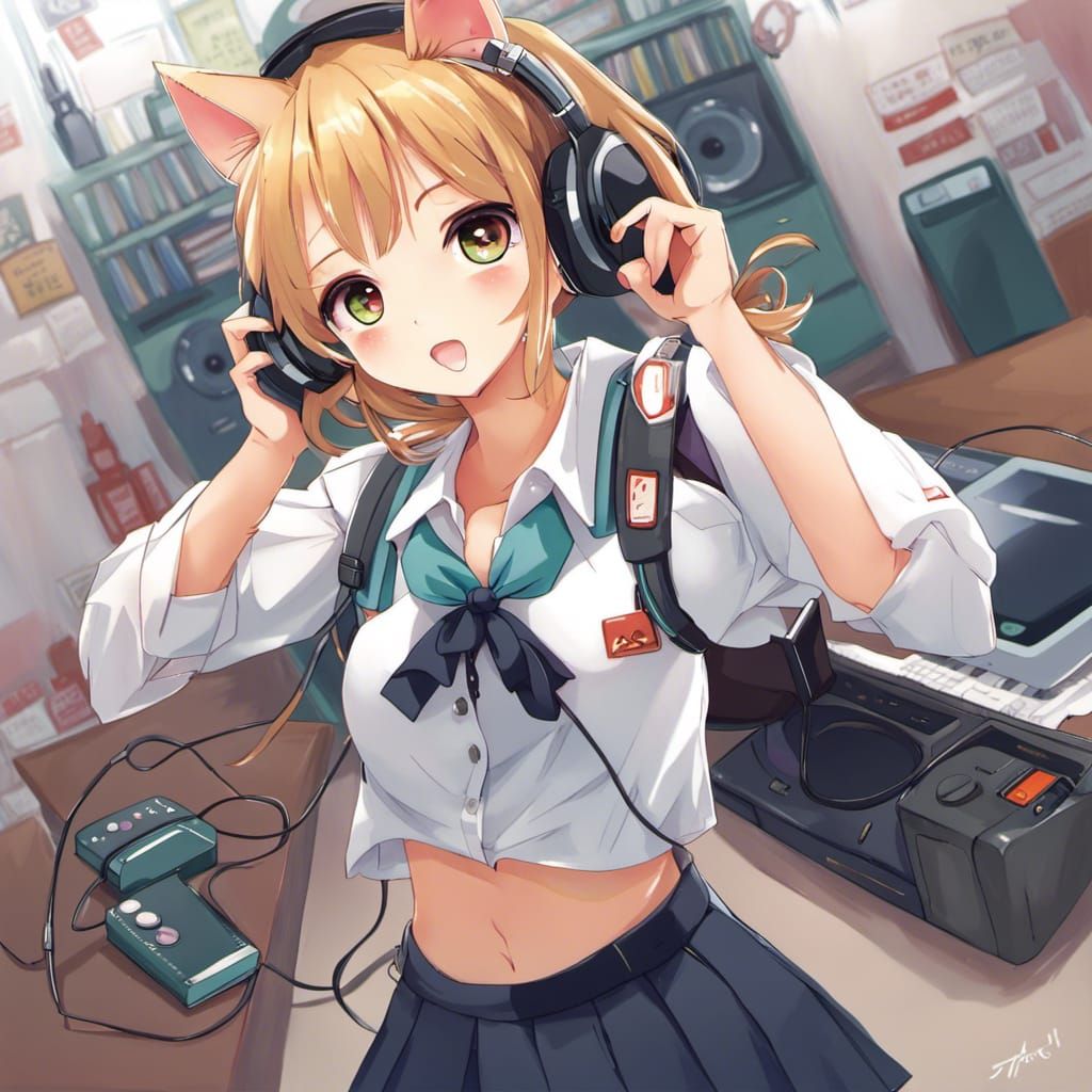 Anime Cat Girl in School Uniform with Walkman