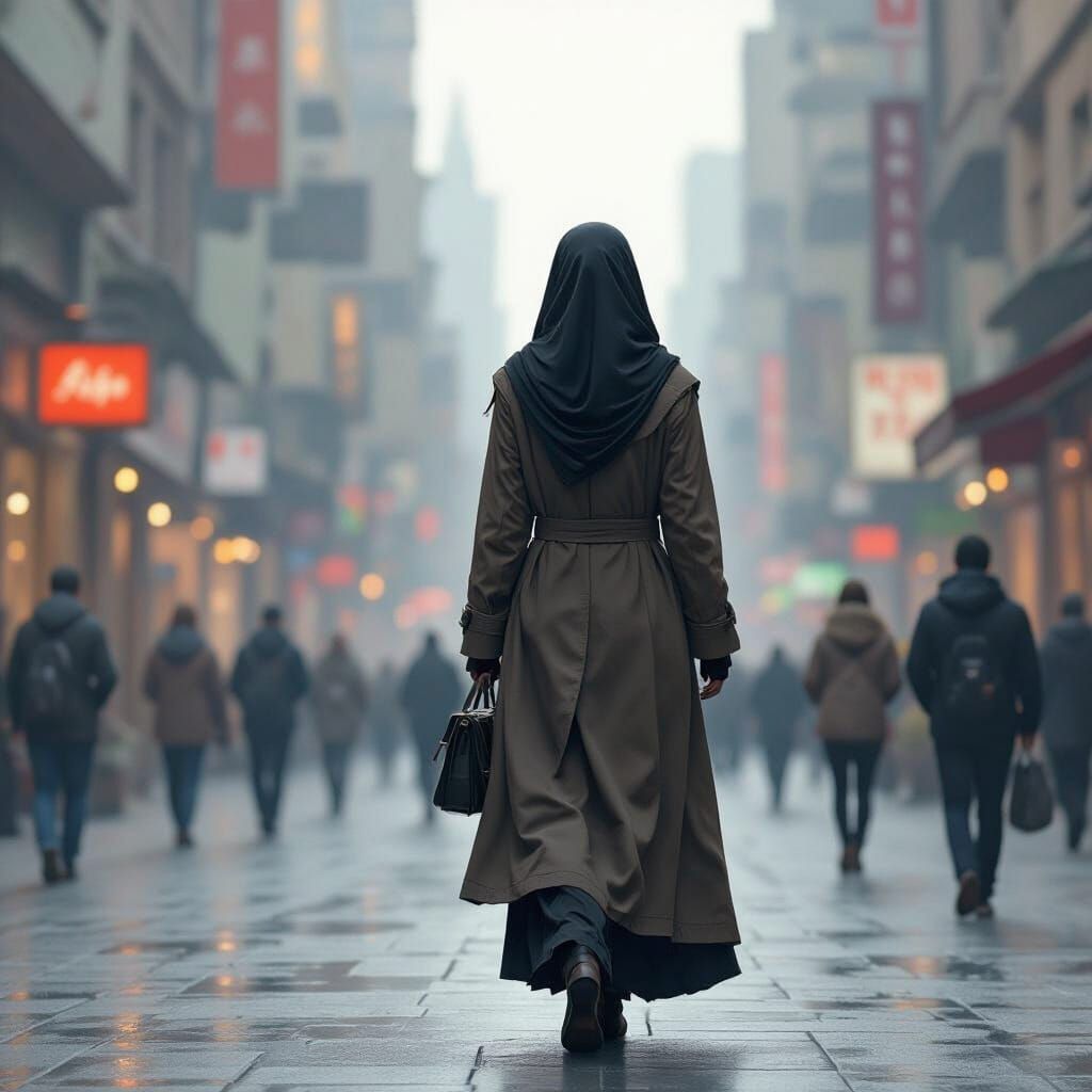 Girl in Niqab Walking in City, Syd Mead Style
