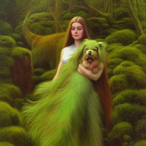 Goddess and Beast in Moss Garden, Oil Painting