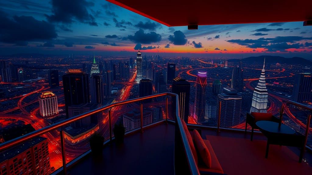 Modern Balcony Overlooking City at Night in Anime Style