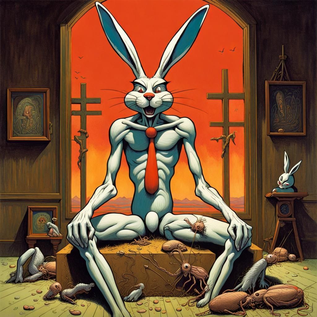 Crucified Bugs Bunny Mental Breakdown: Eerie Horror Illustra...