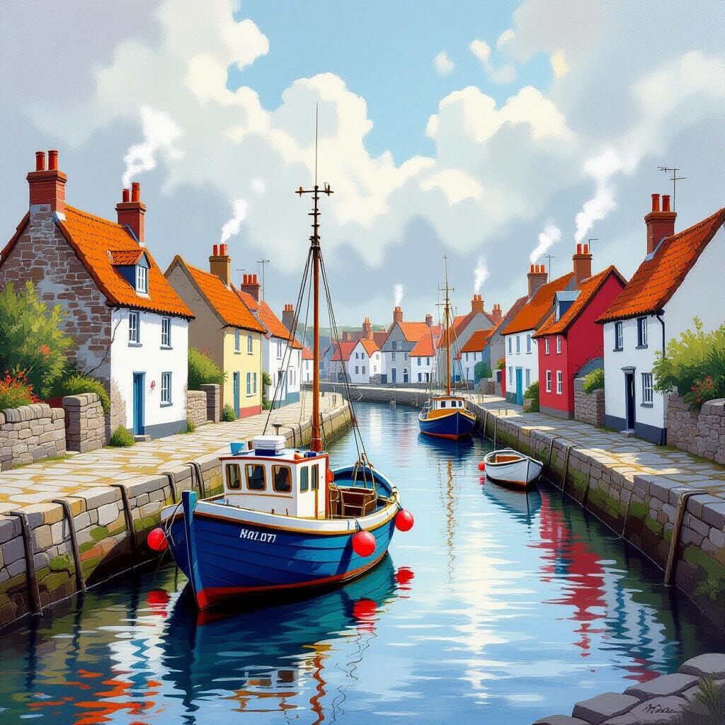 Quaint British Fishing Village Oil Painting