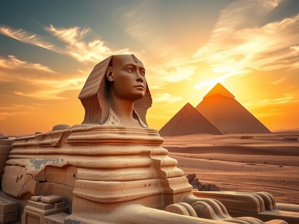 Weathered Sphinx Merges with Pyramids Under Golden Hour