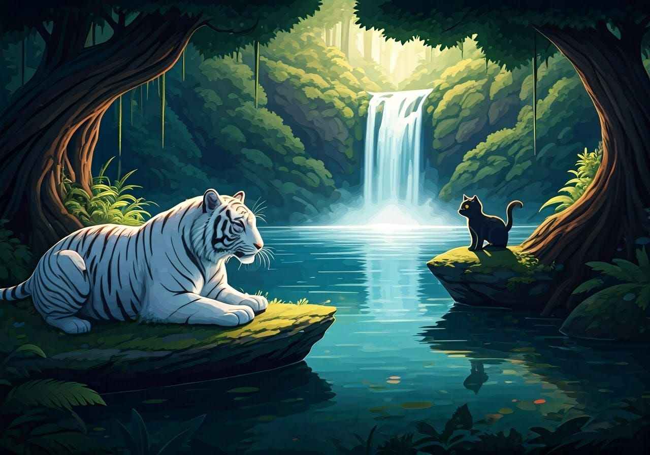 Anime White Tiger and Kitten at Waterfall